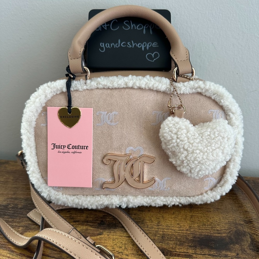 New Juicy Couture Snuggle Box Satchel Crossbody Bag Winter Sherpa Fluffy Pecan